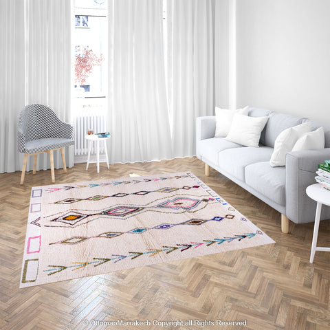 Beige Beni Ourain Rug with Colorful Berber Symbols Beige Beni Ourain Rug with Colorful Berber Symbols