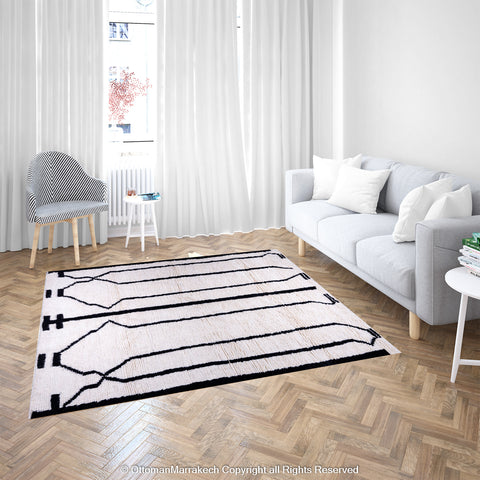 Symmetrical Black and White Berber Rug with Reversed Shapes Symmetrical Black and White Berber Rug with Reversed Shapes