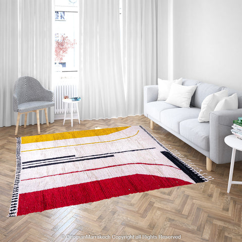 Bold Modern Moroccan Berber Rug with Striking Yellow and Red Color Arcs Bold Modern Moroccan Berber Rug with Striking Yellow and Red Color Arcs