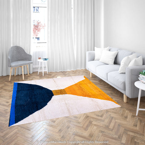 Modern Moroccan White Wool Rug with Bold Orange and Blue Geometric Design Modern Moroccan White Wool Rug with Bold Orange and Blue Geometric Design