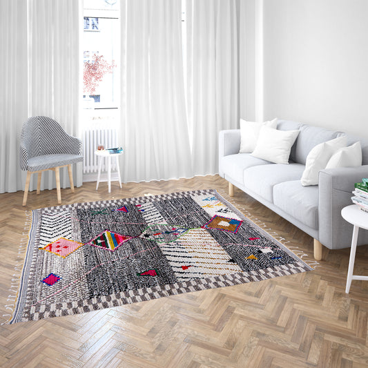 Multicolored Moroccan Wool Rug with Geometric Diamond Pattern