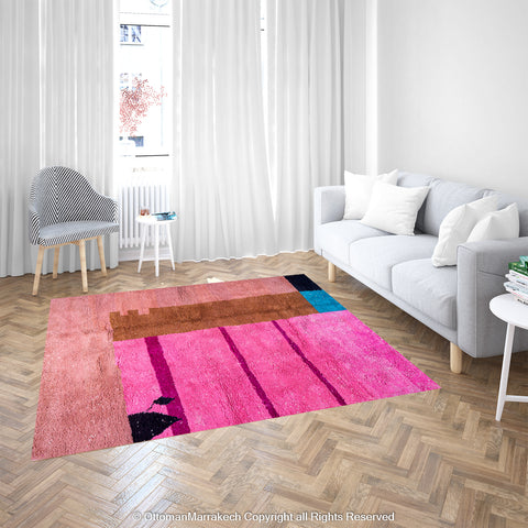 Modern Pink Moroccan Rug with Brown and Blue Accent Modern Pink Moroccan Rug with Brown and Blue Accent