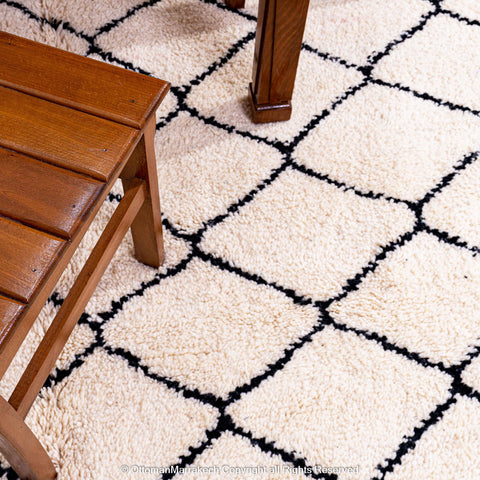 Timeless Moroccan Wool Rug with Black Diamond Lattice Design Timeless Moroccan Wool Rug with Black Diamond Lattice Design