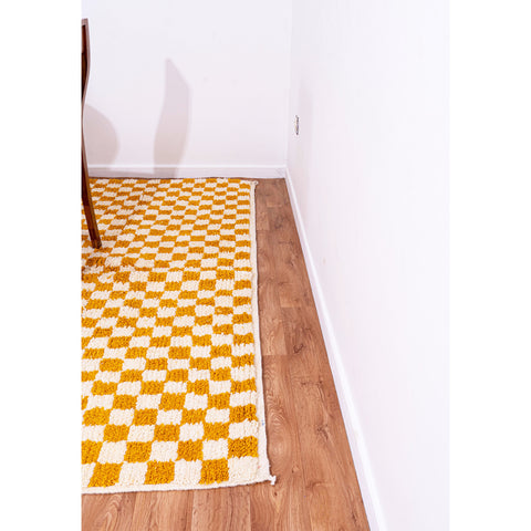 Golden Checkered Moroccan Wool Rug – Handwoven Geometric Design Golden Checkered Moroccan Wool Rug – Handwoven Geometric Design
