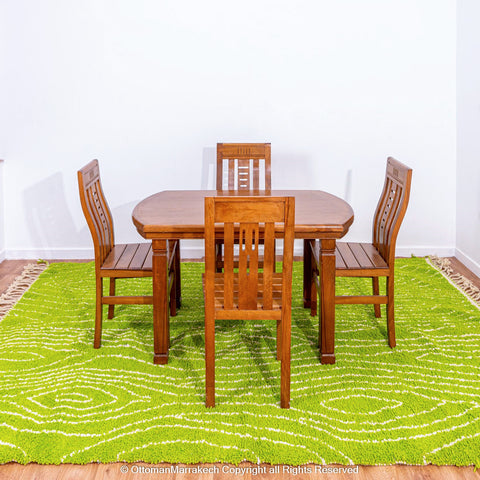 Bright Green Moroccan Rug with Tree Trunk-Inspired White Patterns Bright Green Moroccan Rug with Tree Trunk-Inspired White Patterns