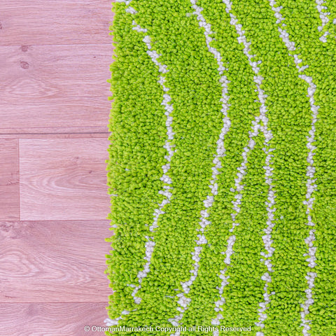 Bright Green Moroccan Rug with Tree Trunk-Inspired White Patterns Bright Green Moroccan Rug with Tree Trunk-Inspired White Patterns