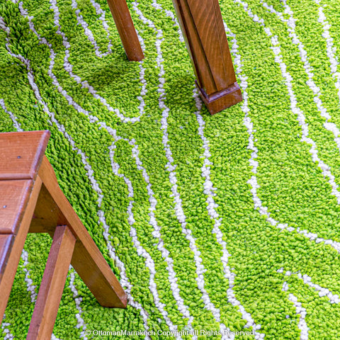 Bright Green Moroccan Rug with Tree Trunk-Inspired White Patterns Bright Green Moroccan Rug with Tree Trunk-Inspired White Patterns