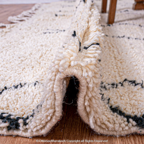 Minimalist Beni Ourain Moroccan Rug with Black Diamond Patterns on Ivory Wool Minimalist Beni Ourain Moroccan Rug with Black Diamond Patterns on Ivory Wool
