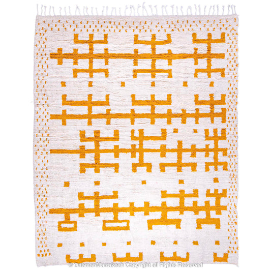 White Berber Rug with Geometric Saffron-Hued Pattern