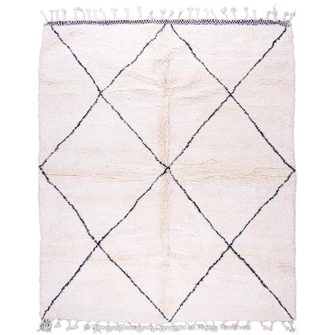 White Moroccan Beni Ourain Rug with Simple Black Diamond Pattern White Moroccan Beni Ourain Rug with Simple Black Diamond Pattern
