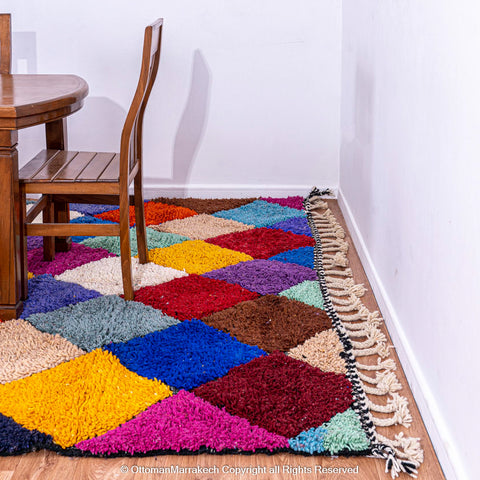 Vibrant Harlequin Moroccan Berber Rug with Multicolored Diamond Pattern Vibrant Harlequin Moroccan Berber Rug with Multicolored Diamond Pattern