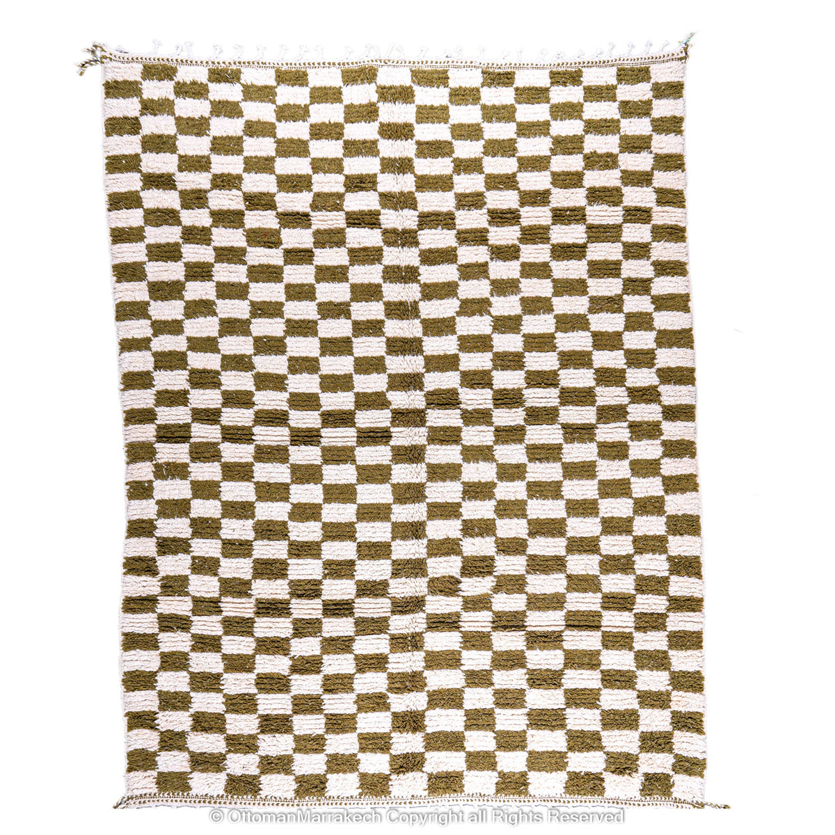 Olive Green and White Checkered Berber Rug