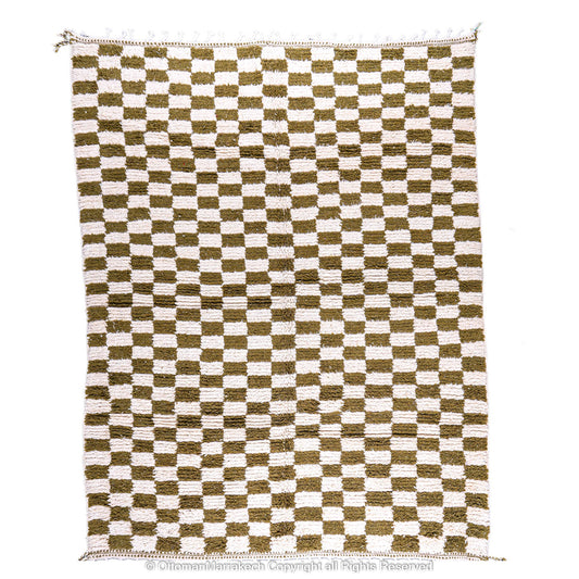 Olive Green and White Checkered Berber Rug