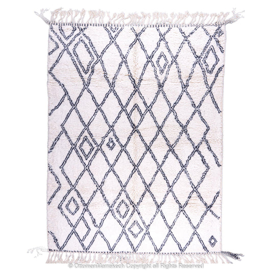 White Moroccan Wool Rug with Black Double-Line Diamond and Cell-Like Patterns