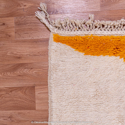 Modern Moroccan White Wool Rug with Bold Orange and Blue Geometric Design Modern Moroccan White Wool Rug with Bold Orange and Blue Geometric Design