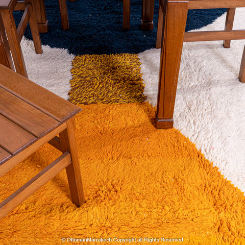 Modern Moroccan White Wool Rug with Bold Orange and Blue Geometric Design Modern Moroccan White Wool Rug with Bold Orange and Blue Geometric Design