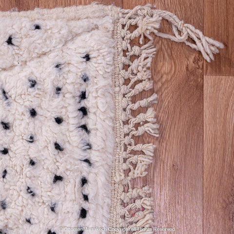 White Plush Wool Rug with Shaved Diamond Patterns and Black Dot White Plush Wool Rug with Shaved Diamond Patterns and Black Dot