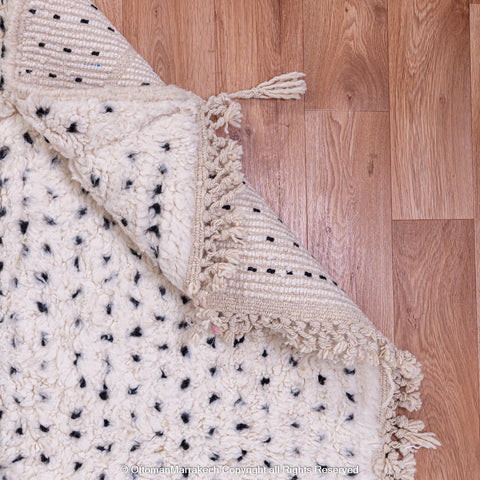 White Plush Wool Rug with Shaved Diamond Patterns and Black Dot White Plush Wool Rug with Shaved Diamond Patterns and Black Dot