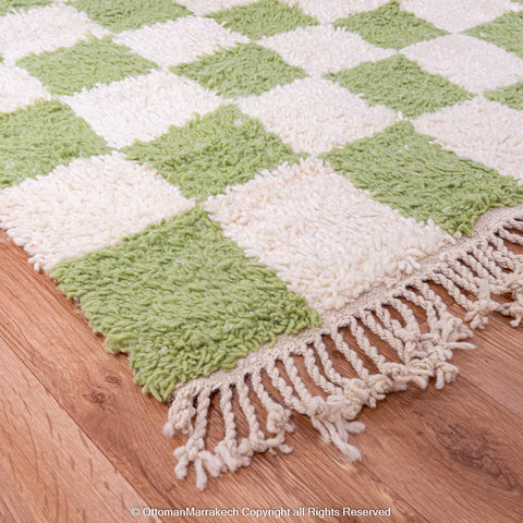 Green and White Checkered Moroccan Rug – Plush and Handmade Green and White Checkered Moroccan Rug – Plush and Handmade