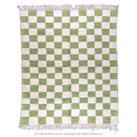 Green and White Checkered Moroccan Rug – Plush and Handmade