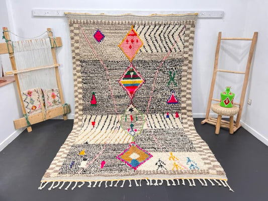 Multicolored Moroccan Wool Rug with Geometric Diamond Patterns