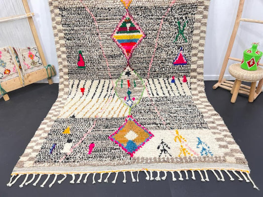 Multicolored Moroccan Wool Rug with Geometric Diamond Patterns