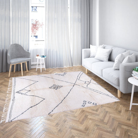 White Beni Ourain Moroccan Rug with Black Tribal Lines - Handwoven Atlas Mountain Design White Beni Ourain Moroccan Rug with Black Tribal Lines - Handwoven Atlas Mountain Design