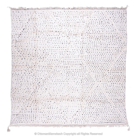 White Plush Wool Rug with Shaved Diamond Patterns and Black Dot White Plush Wool Rug with Shaved Diamond Patterns and Black Dot