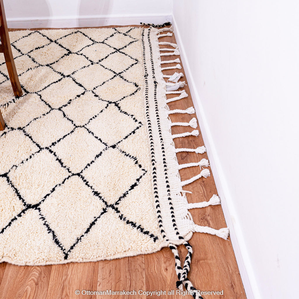 Timeless Moroccan Wool Rug with Black Diamond Lattice Design