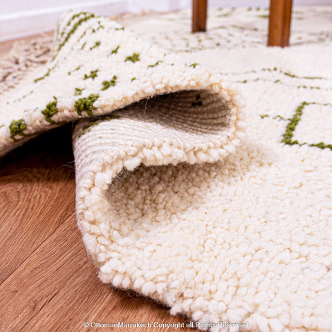 Green and White Moroccan Wool Rug with Abstract Desert and Cactus Motifs