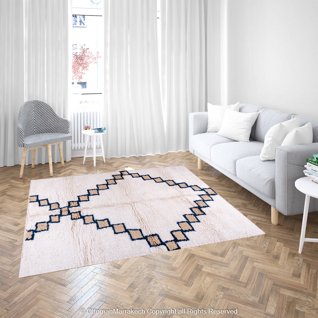 Moroccan Cashmere Gem Rug – Beige Rug with Sapphire-Lined Cashmere Squares in Diamond Pattern