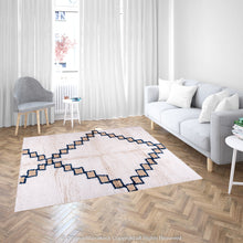 Load image into Gallery viewer, Moroccan Cashmere Gem Rug – Beige Rug with Sapphire-Lined Cashmere Squares in Diamond Pattern