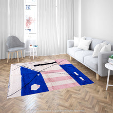 Load image into Gallery viewer, Moroccan Navy Blossom Rug – Abstract Area White Rug with Navy Blue, Pink Shapes &amp; Black Lines