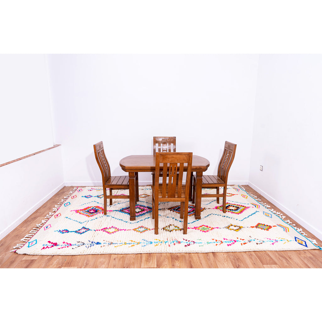 White Moroccan Beni Ourain Wool Rug with Colorful Diamond and Geometric Patterns