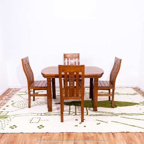 Green and White Moroccan Wool Rug with Abstract Desert and Cactus Motifs