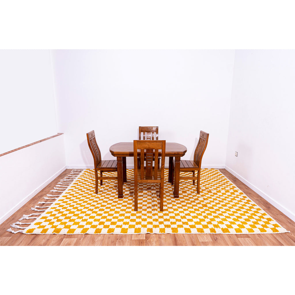 Golden Checkered Moroccan Wool Rug – Handwoven Geometric Design