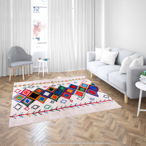 White Wool Berber Rug with Colorful Diamond Motifs