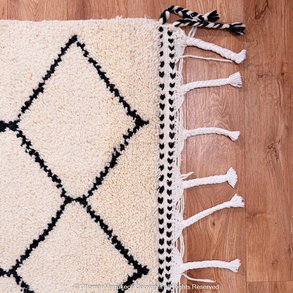 Timeless Moroccan Wool Rug with Black Diamond Lattice Design