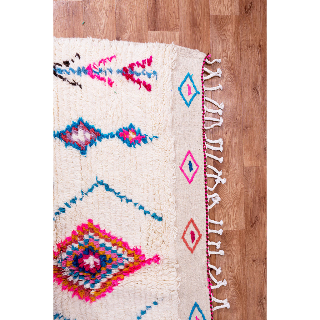 White Moroccan Beni Ourain Wool Rug with Colorful Diamond and Geometric Patterns