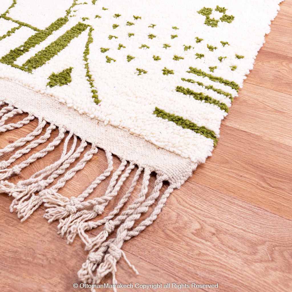 Green and White Moroccan Wool Rug with Abstract Desert and Cactus Motifs