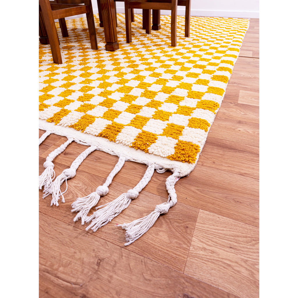 Golden Checkered Moroccan Wool Rug – Handwoven Geometric Design