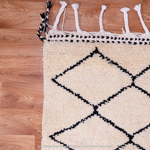 Timeless Moroccan Wool Rug with Black Diamond Lattice Design