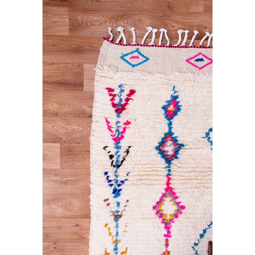 White Moroccan Beni Ourain Wool Rug with Colorful Diamond and Geometric Patterns