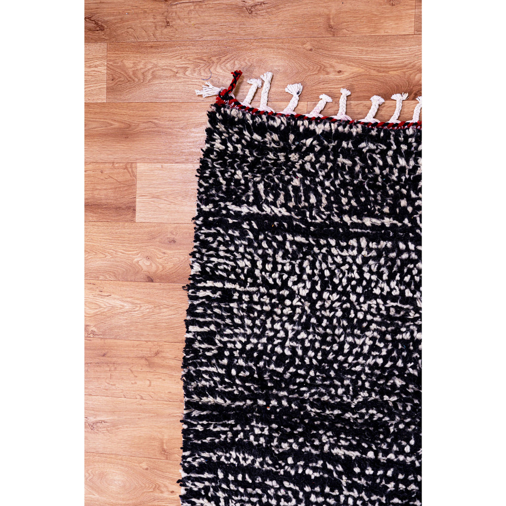 Black and White Abstract Moroccan Wool Rug with Red Accents