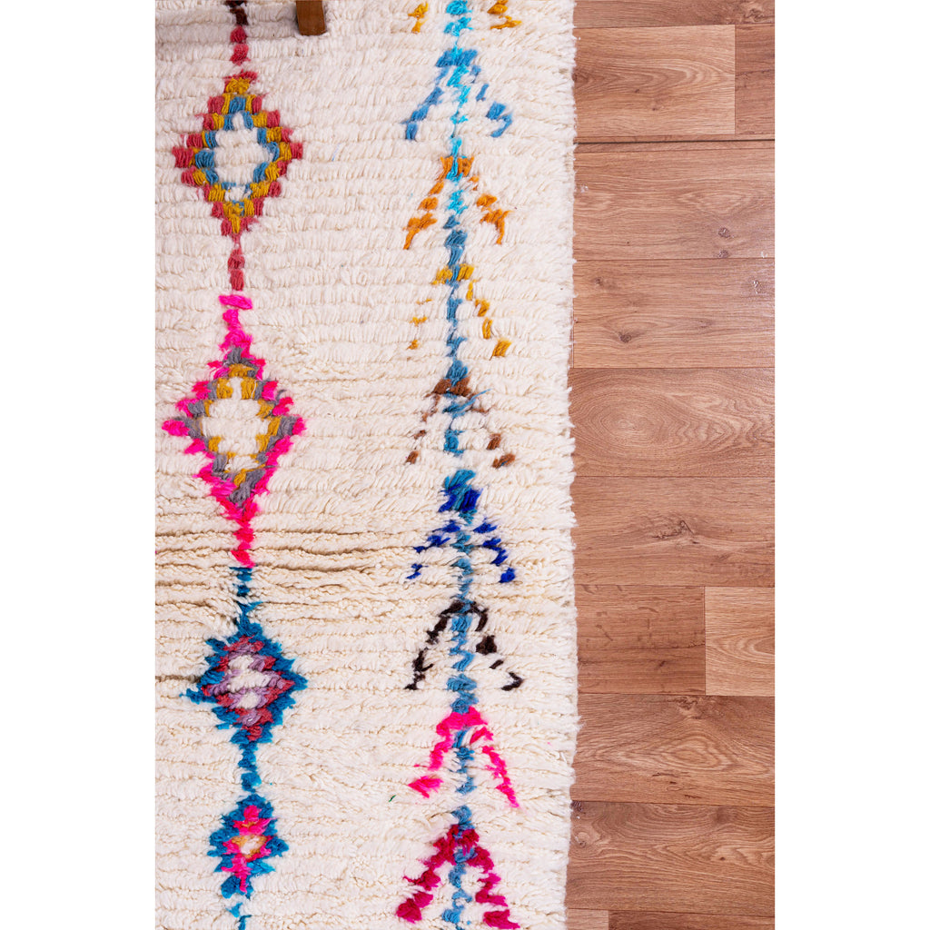 White Moroccan Beni Ourain Wool Rug with Colorful Diamond and Geometric Patterns