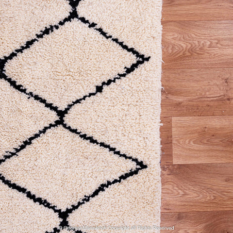 Timeless Moroccan Wool Rug with Black Diamond Lattice Design