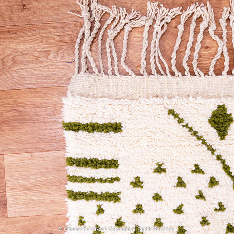 Green and White Moroccan Wool Rug with Abstract Desert and Cactus Motifs