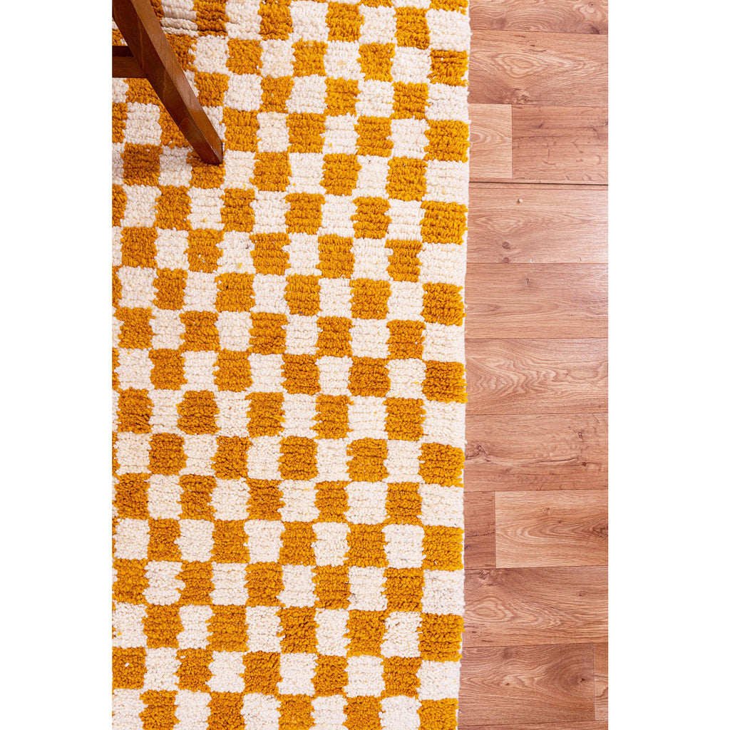 Golden Checkered Moroccan Wool Rug – Handwoven Geometric Design