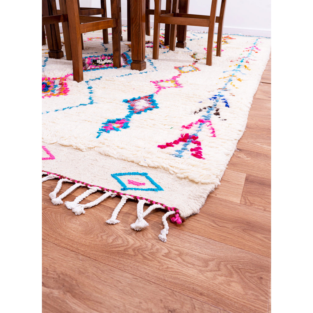 White Moroccan Beni Ourain Wool Rug with Colorful Diamond and Geometric Patterns