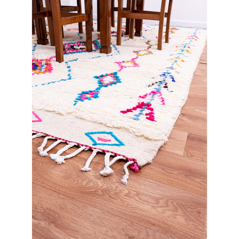 White Moroccan Beni Ourain Wool Rug with Colorful Diamond and Geometric Patterns